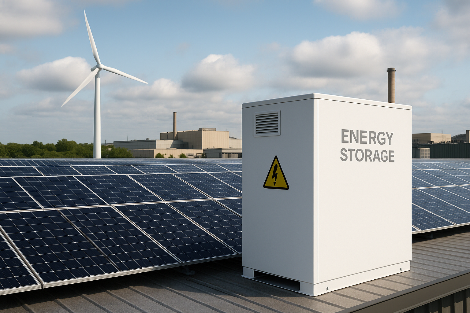 Installation solaire avec batterie et éolienne sur site industriel