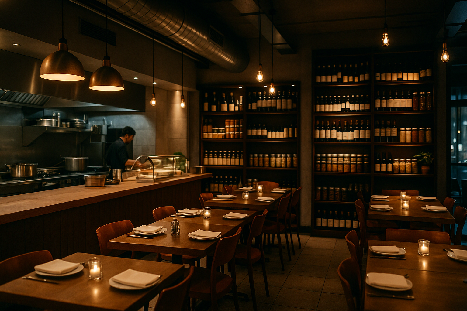 Intérieur d’un restaurant horeca en Belgique avec cuisine ouverte