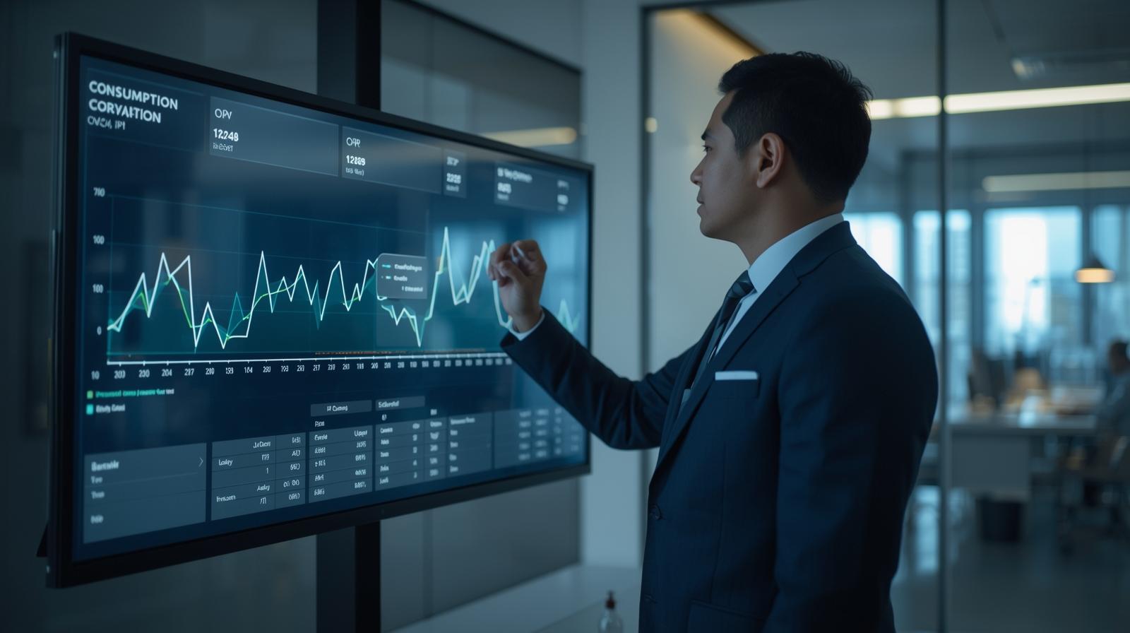 Consultant énergie analysant les courbes de consommation d’une entreprise sur grand écran