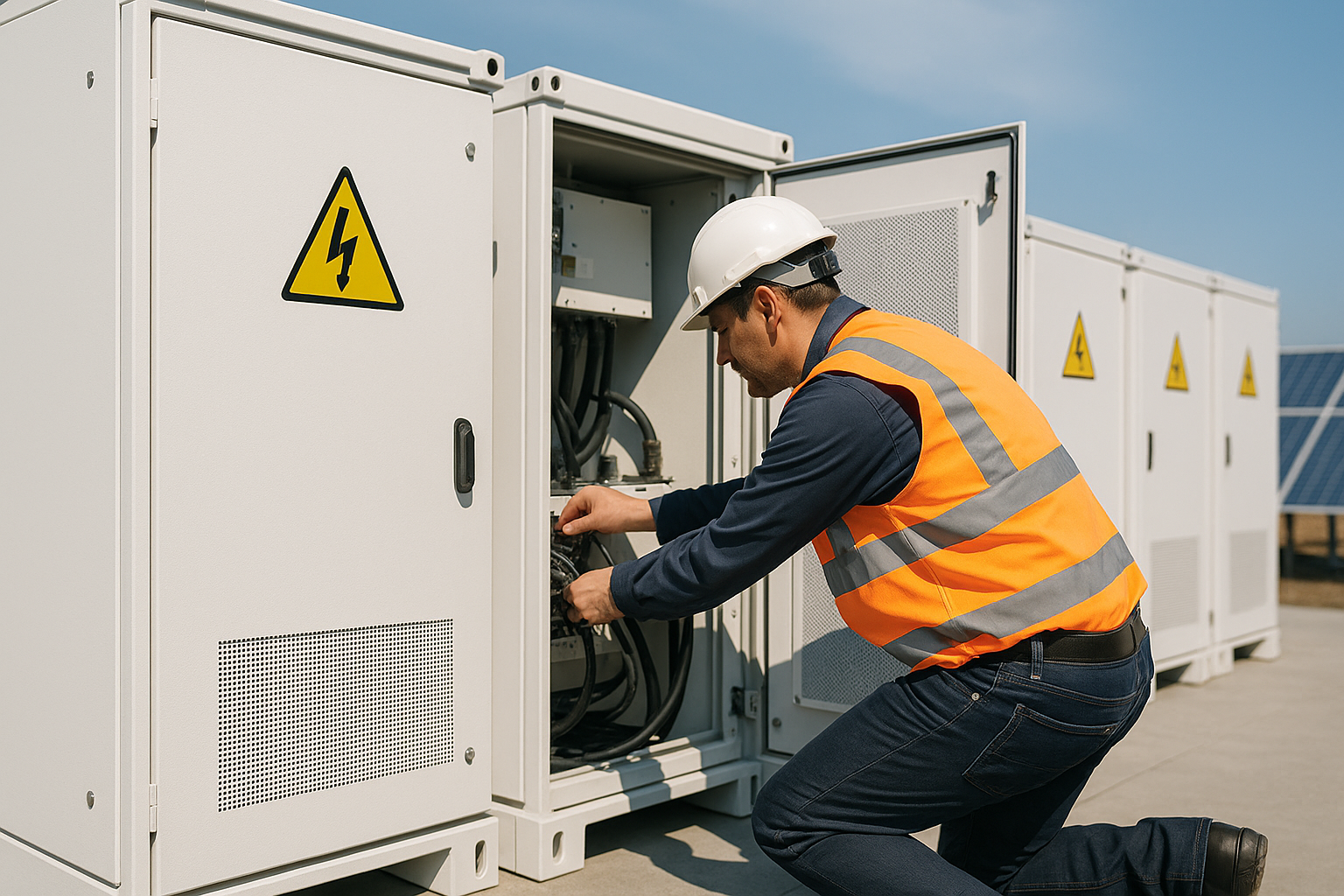 Panneau solaire avec batterie dans un local technique d'entreprise en Belgique