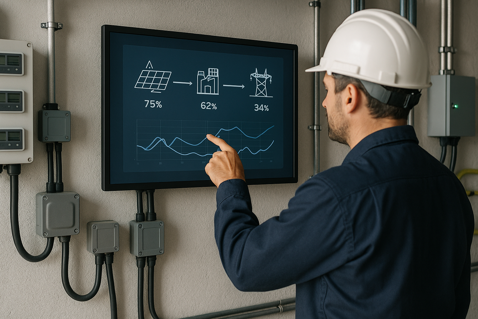 Technicien supervisant un système de gestion énergétique sur grand écran dans une salle de contrôle d’entreprise
