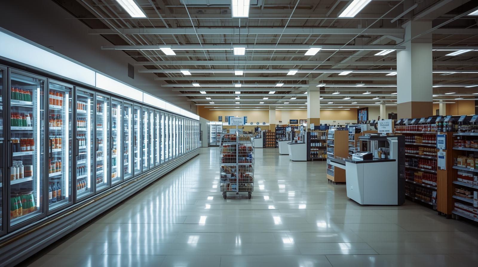 Intérieur d’un magasin de détail éclairé avec clients en Belgique