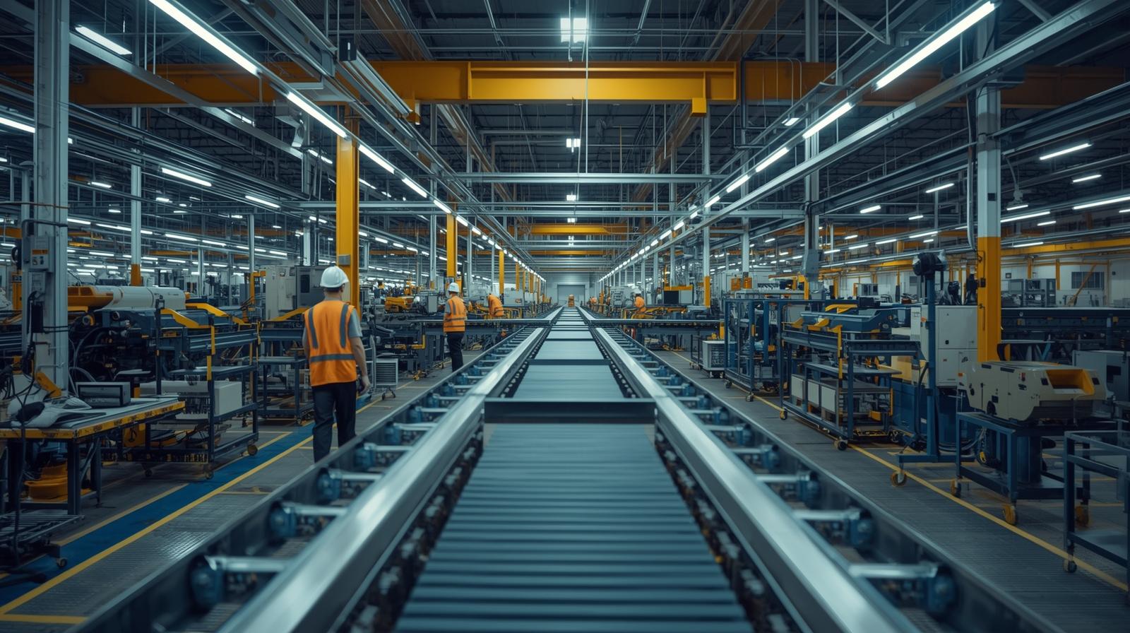 Usine moderne en Belgique avec ligne de production et éclairage industriel