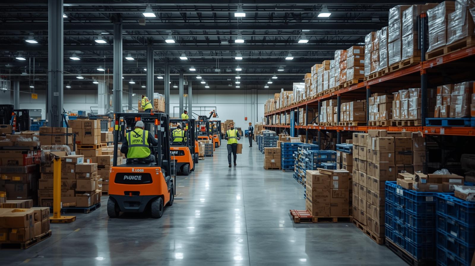 Entrepôt logistique en Belgique avec rayonnages et chariots élévateurs électriques